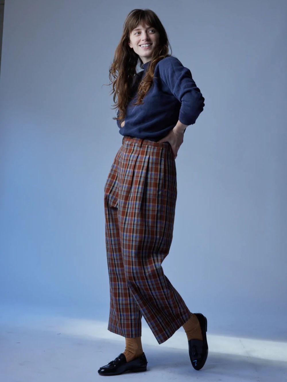 Caron Callahan Rust Plaid Wide-Leg Chinos